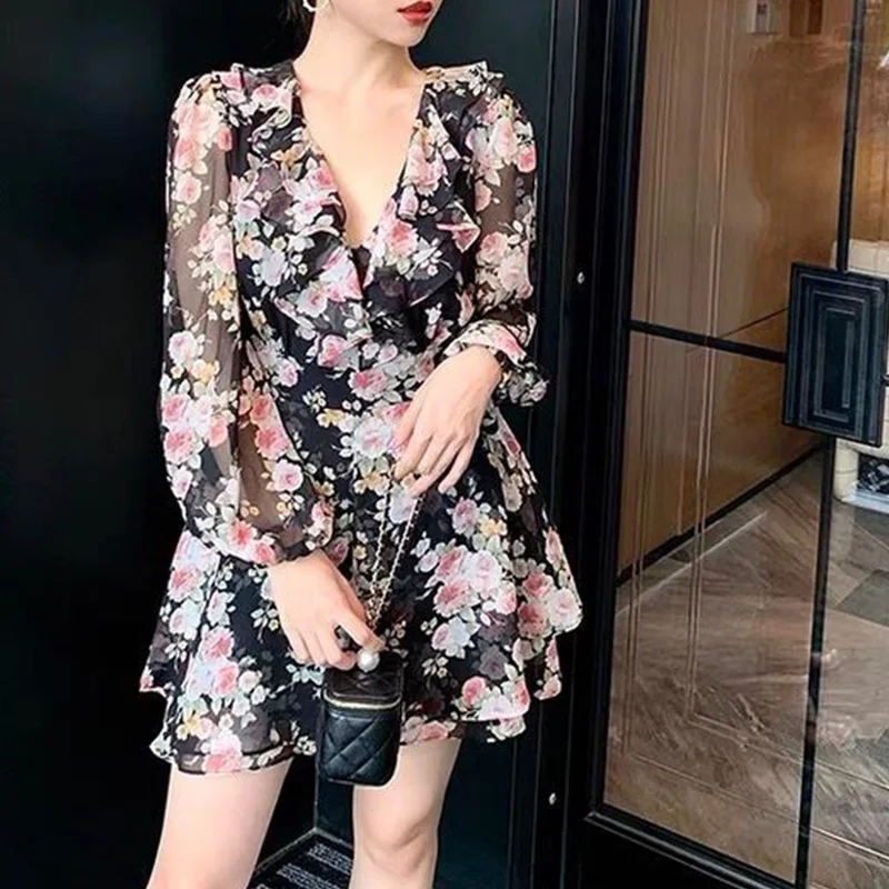 2024 New Spring Summer Sweet Printing V-neck Long Sleeve Floral Dress Femme Cute Ruffles Chiffon Mini Dress Women Clothing Slim