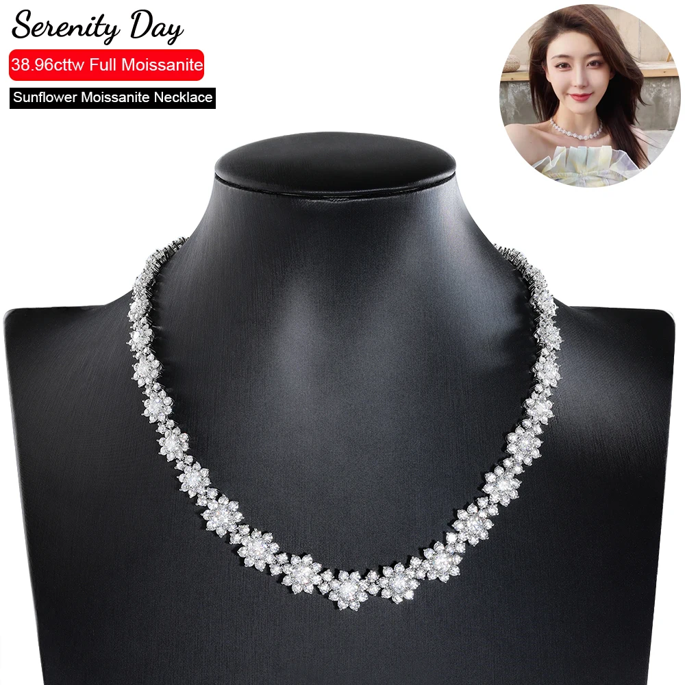 38.96cttw Real D Color Full Moissanite Sunflower Necklace For Women Wedding S925 Sterling Silver Bracelet Earrings Fine Jewelry