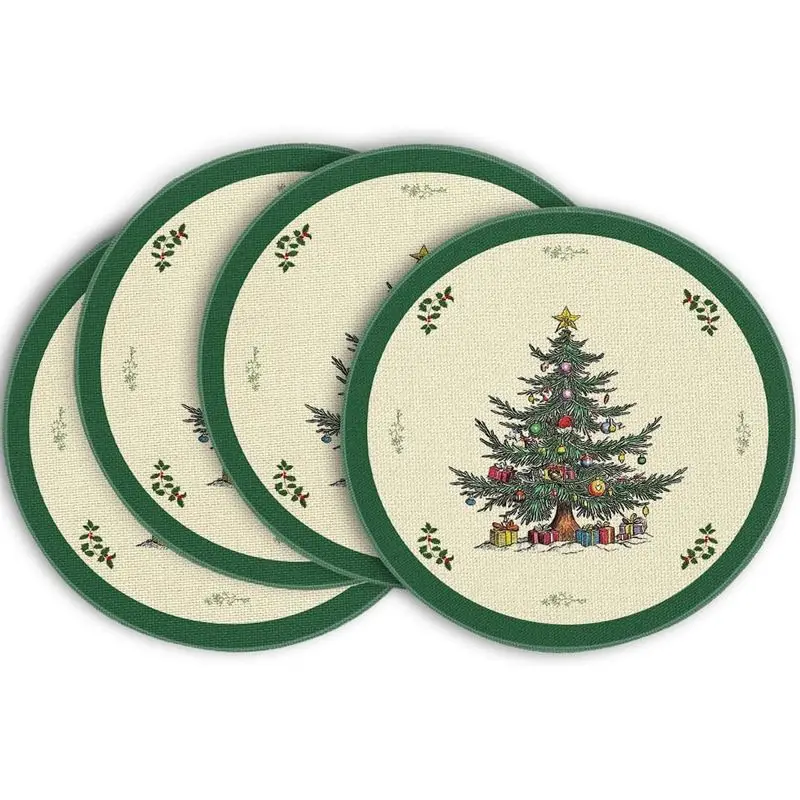 Rice Bottom Christmas Tree Round Christmas Placemat, Wear-Resistant Plate Mat for Home Dining Table Decoration