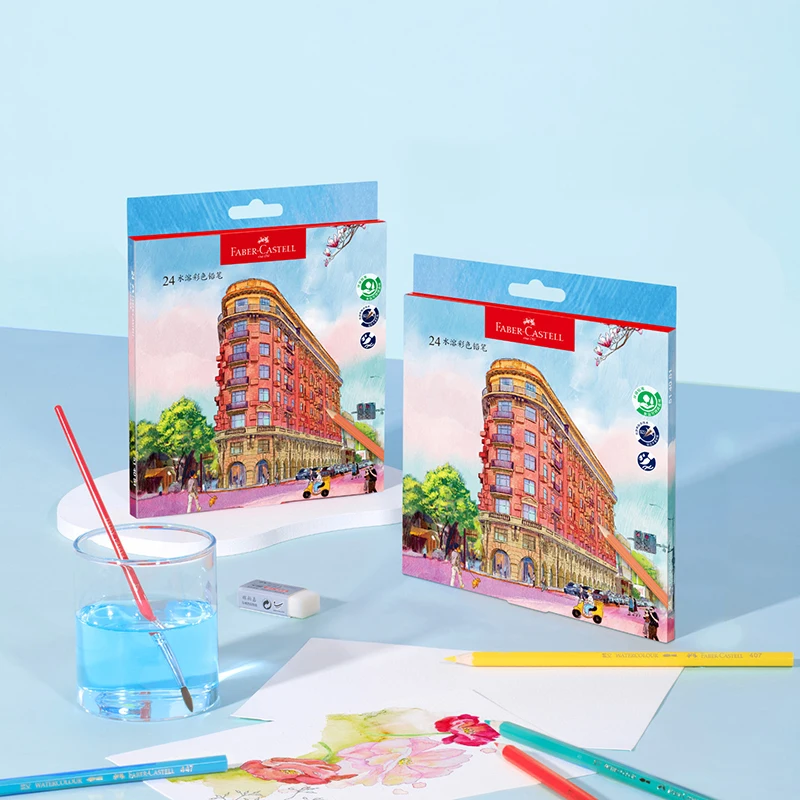 Faber-Castell Wukang Building 24-Aquarellstifte-Set, Landmark Edition für Kunststudenten mit Radiergummi und Spitzer, Geschenkbox