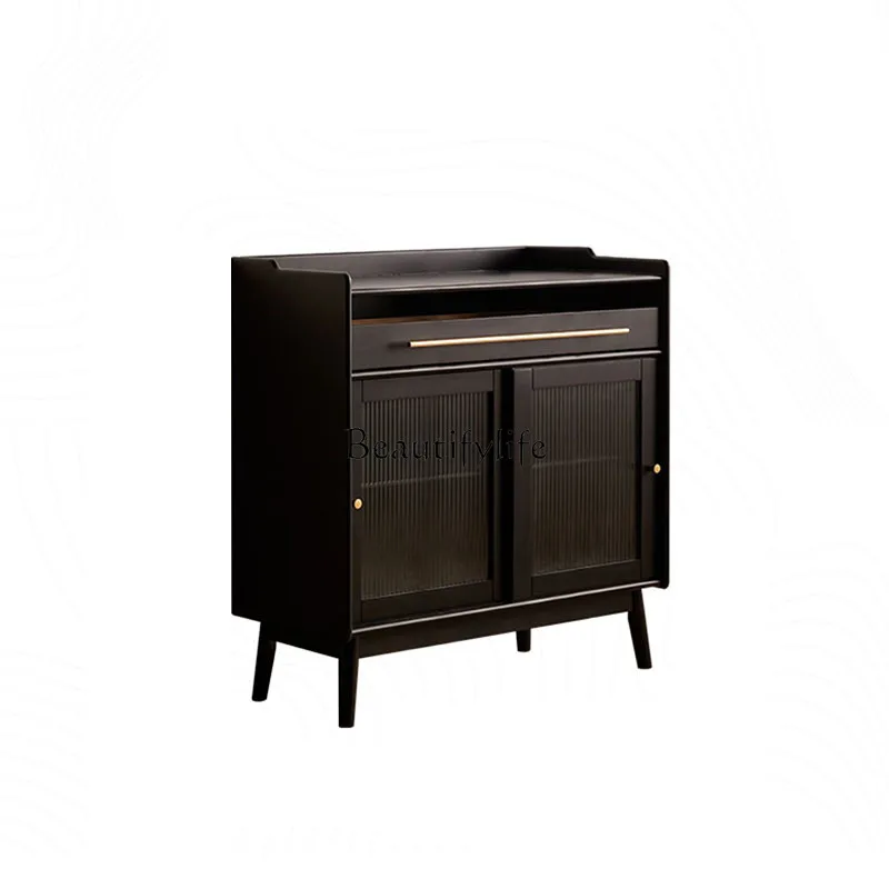 

-*Solid wood dining side cabinet integrated against the wall, modern simple black tea cabinet