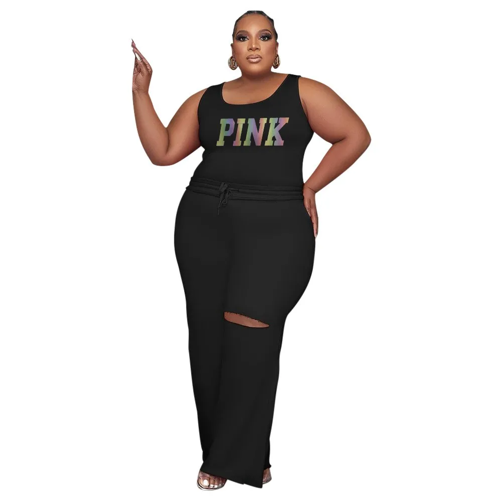 WSFEC XL-5XL Summer 2023 Women Clothing Plus Size Matching Sets Solid Sleeveless Hole Wide Pant Suits Two Piece Sets Outfits