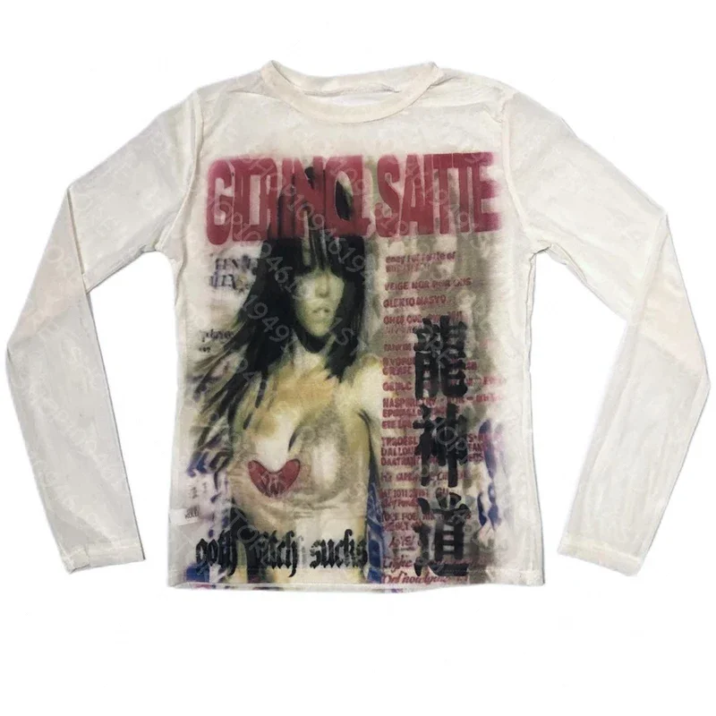 Vintage Y2K Slim Long Sleeve T-shirt for Women, Gothic Punk Grunge Aesthetic Distressed Poster Portrait Print Emo Streetwear Top