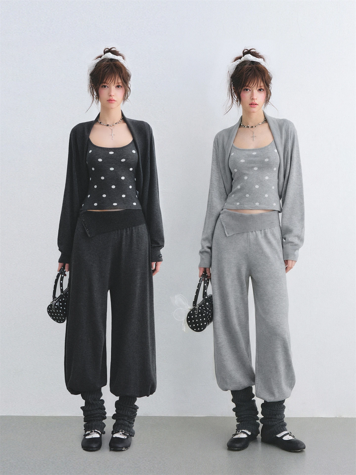 

AsGony Lacey Contrast Color Polka Dot Early Style Strap Cardigan Two-Piece Set Turn-Up Lantern Pants Set Women's Fashion Ense...