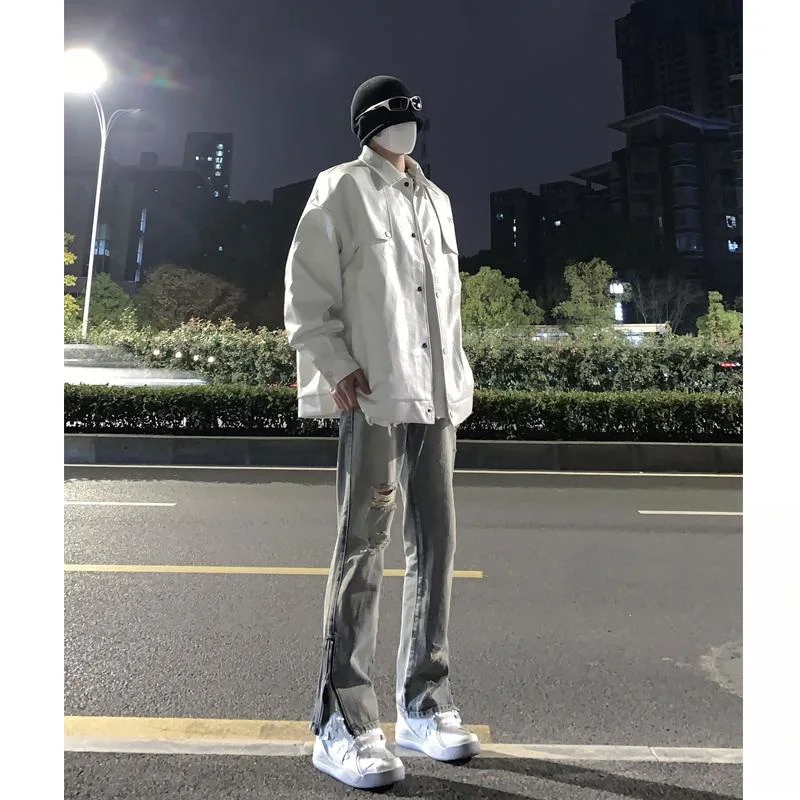 

Retro Vintage High Waist Straight Leg Men's Jeans Spring Autumn Zipper Slit Hole Design Casual Faion Blue Denim Trousers