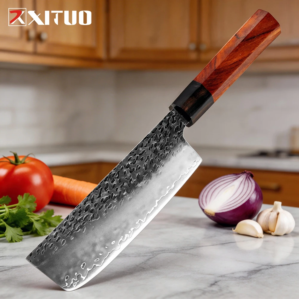 XITUO Japanese 7 Inch Nakiri Knife Triple-layer Composite Steel Sharp Cleaver Knife for Meat,Vegetables Octagonal Wooden Handle
