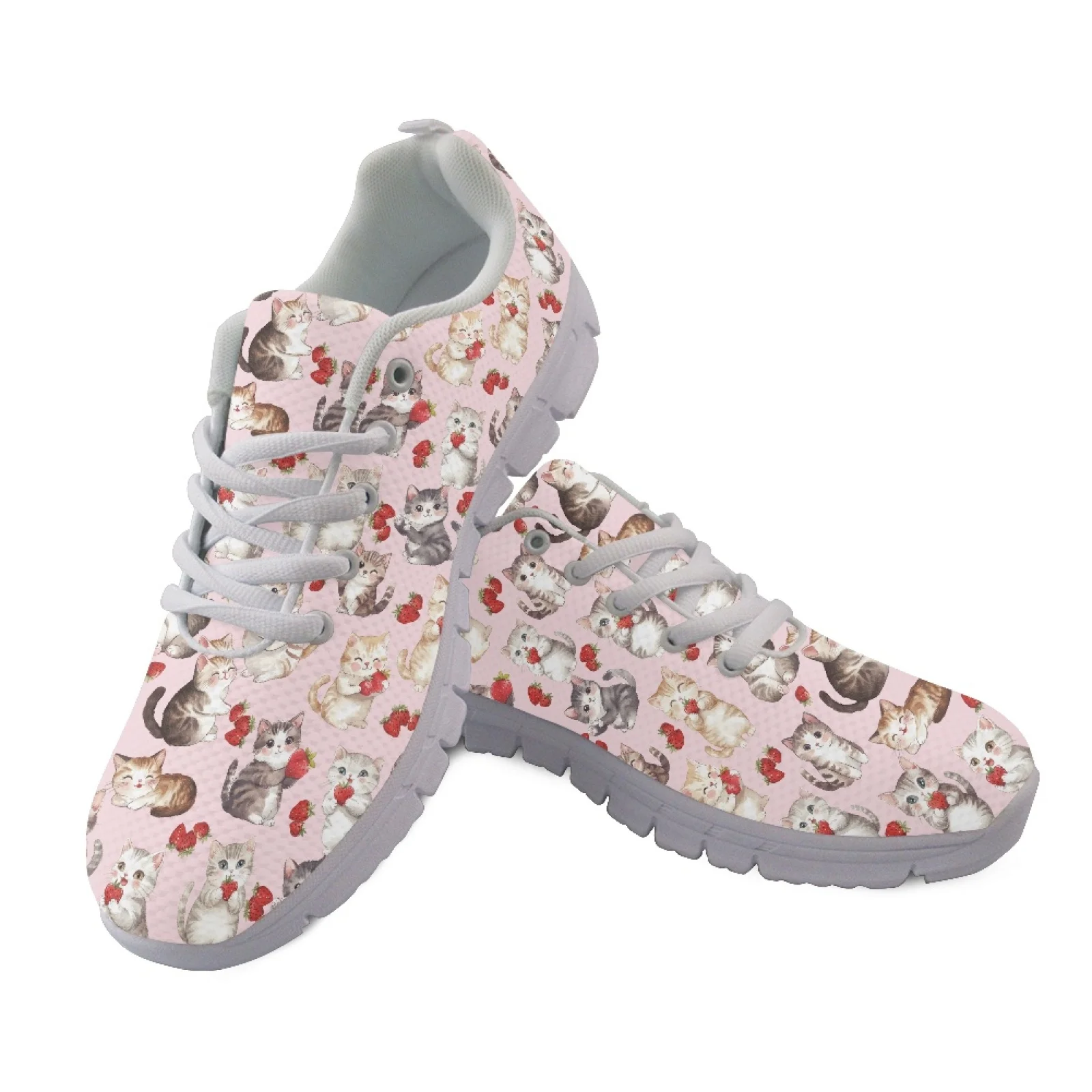 Coloranimal Cute Cat Strawberry Womens Athletic Walking Sneakers Anti-Slip Lace Up Women Running Shoes for Outdoor