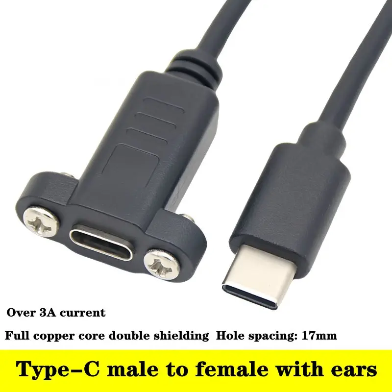 USB 2.0 Type-C Male to Female Extension Cable With Ear Fixing Screw Hole Panel USB 3.1 Type-C Male to Female Charging Data Cable