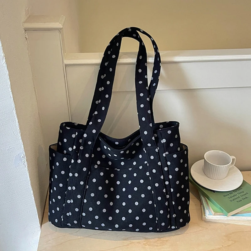 Koreanische Vintage Polka-Dot-Tragetasche für Frauen, Große Kapazität, Einzel-Schulter-Handtasche, Lässige Alltags-, Schul- und Pendler-Schultertasche – Detail 2