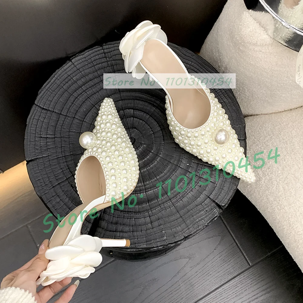 White Pearl Mules With Back Flower Women's Elegant Bridal Wedding High Heels Trending Shoes Ladies Party Pointed Toe Slippers