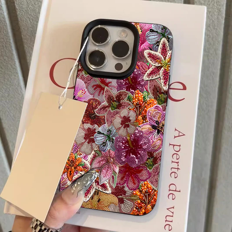 Luxurious Beaded Flower Lychee Texture Phone Case For iPhone 17 16 15 14 13 12 11 Pro Max 14 15 Plus 17 Air Silicone Soft Cover