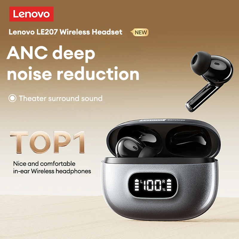 لينوفو الأصلي LE207 ANC سماعات لاسلكية TWS بلوتوث 6.0 سماعات أذن نشط إلغاء الضوضاء LED شاشة ديجيتال سماعات