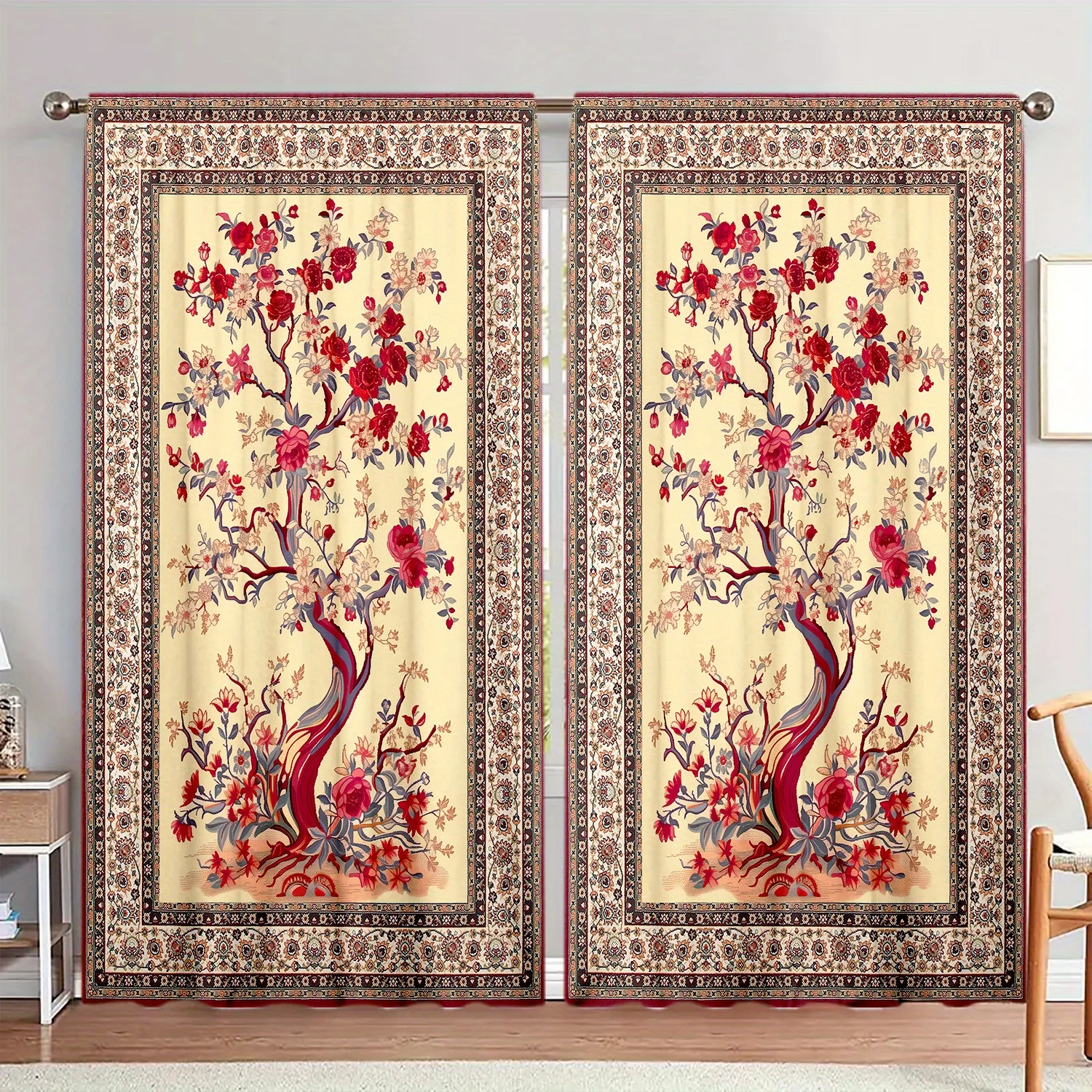 Elegant Baroque Floral Curtains Pair Vintage Rose Garden Print Drapes for Luxury Living Room Window Home Decor