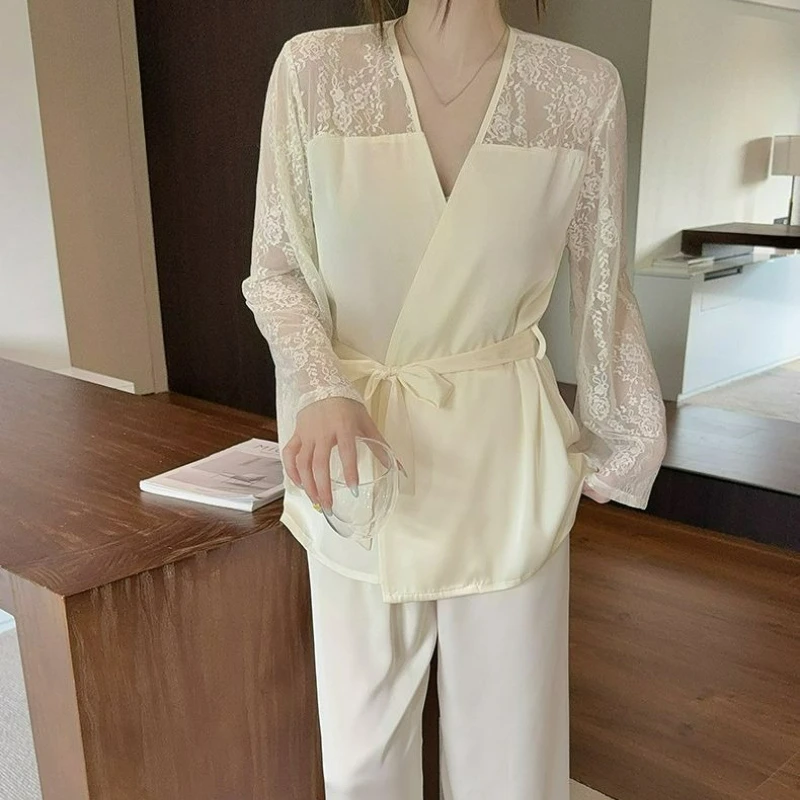 Lace V-neck Pajamas for Women 2026 Spring Autumn New Fashion Ice Silk Long-sleeved Thin Women Sweet Sexy Two-piece Sets