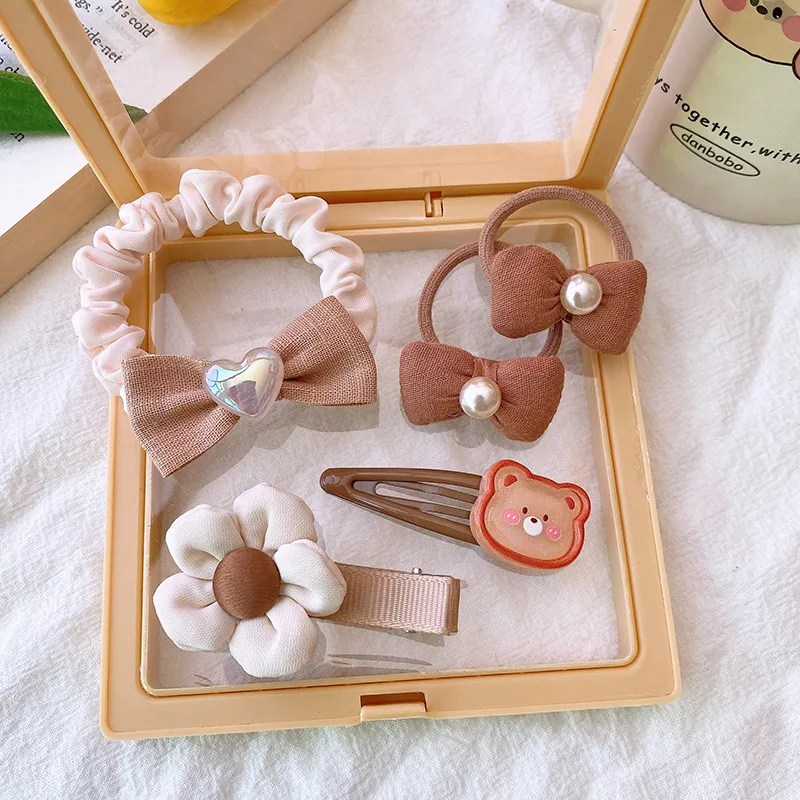 5PC/lot Brown Coffee Color Girls Cotton Fabric Hair Clips Cartoon Rabbit Bear Hairpins Kid Girl Flower Barrettes Plaid Hair Ties