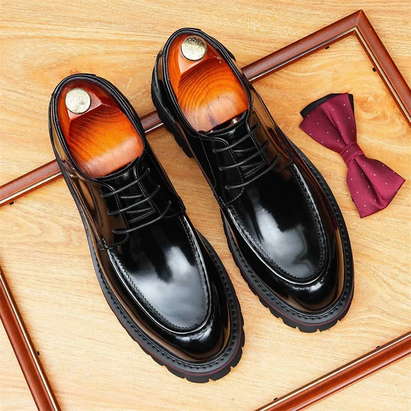 

Lace Up Platform Leather Shoes Men's Cow Leather Dress Brogue Round Toe Daily Formal Business Wedding Footwear Handmade