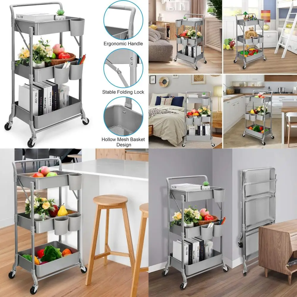 

Grey 3-Tier Foldable Metal Rolling Cart - Multi-Purpose Storage Trolley for Home and Office