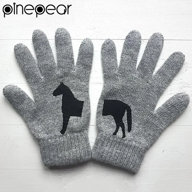 PinePear Horse Print Gloves Warm Knitted Gloves For Women Fun Horse Stitching Full Fingers Winter Men Outdoor Thermal Mitten