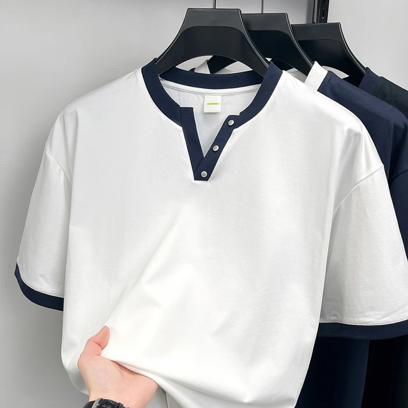 Summer new long staple cotton V-neck short sleeved high-quality men's casual versatile fashion trend top