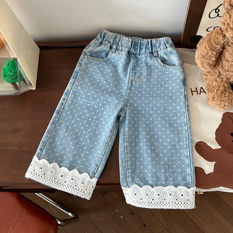 

Girls Pants Spring 2025 New Korean Casual Polka Dot Lace Loose Kids Girls Jeans Stretch Pocket Children Girls Wide Leg Pants