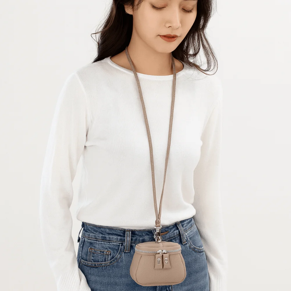 Solid Color Hanging Neck Coin Purse Lipstick Earphone Pouch Makeup Storage Lanyard Wallet Purse Genuine Leather Mini Storage Bag