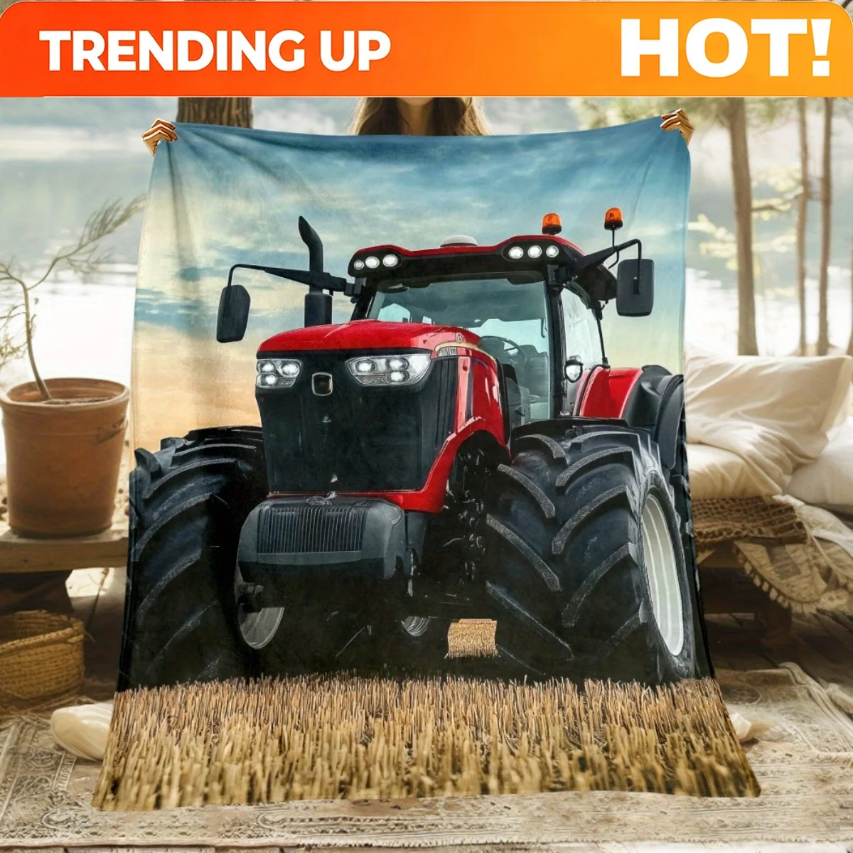 Customize 1pc Farm Tractor Throw Blanket - Red Farm Tractor in Field Design, Soft Warm Lightweight Flannel All-Season Indoor/Out