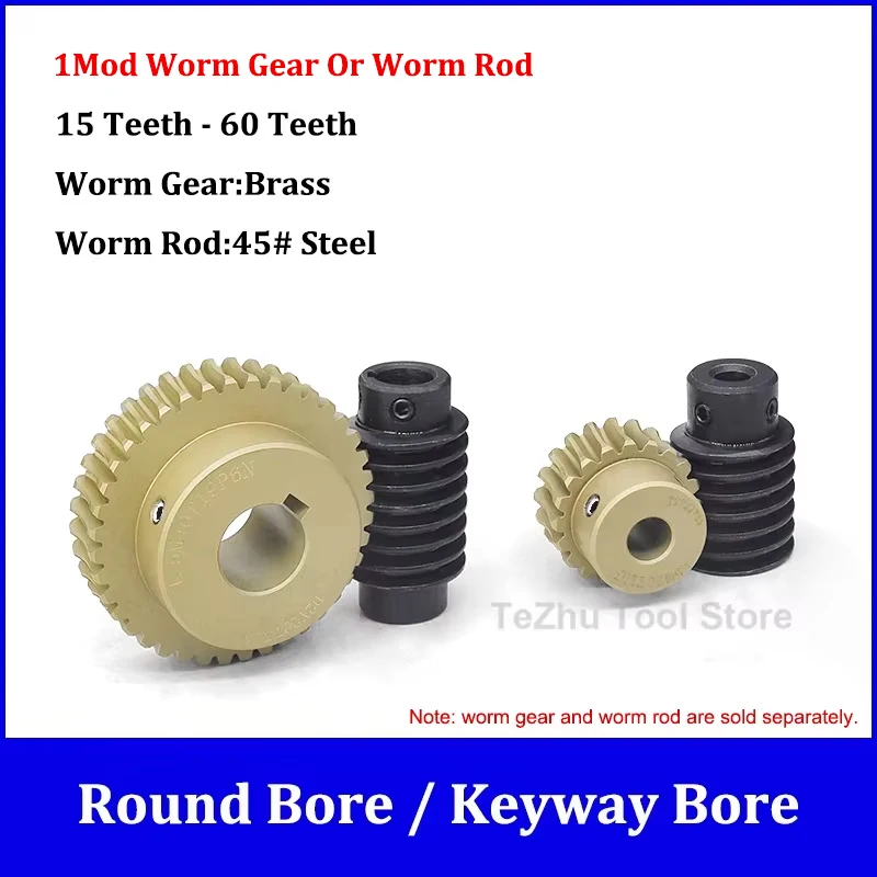 1pc 1M Turbine Worm Gear Or Worm Rod 1 Module 15-60 Teeth Brass Gear 45# Steel Worm Rod Drive Ratio 1:15/20/22/24/25/28/30/60