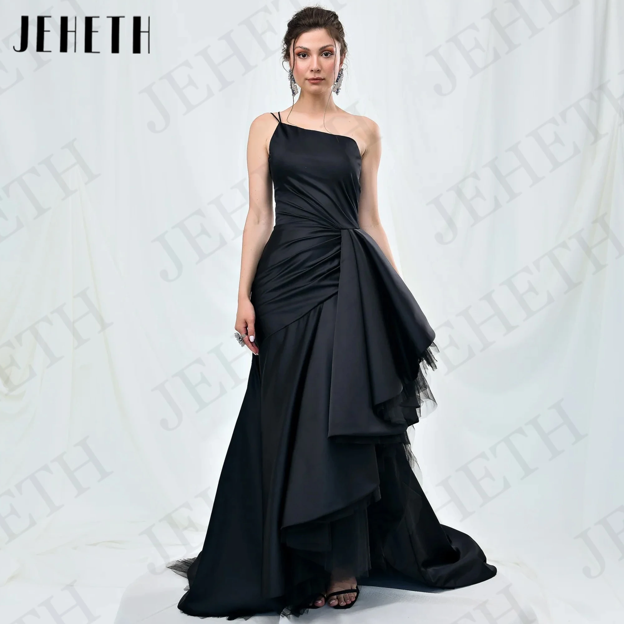 

JEHETH Customized Vintage Mermaid Evening Dresses Women Elegant Pleat Satin One Shoulder Formal Occasion Dress Black فساتين سهرة