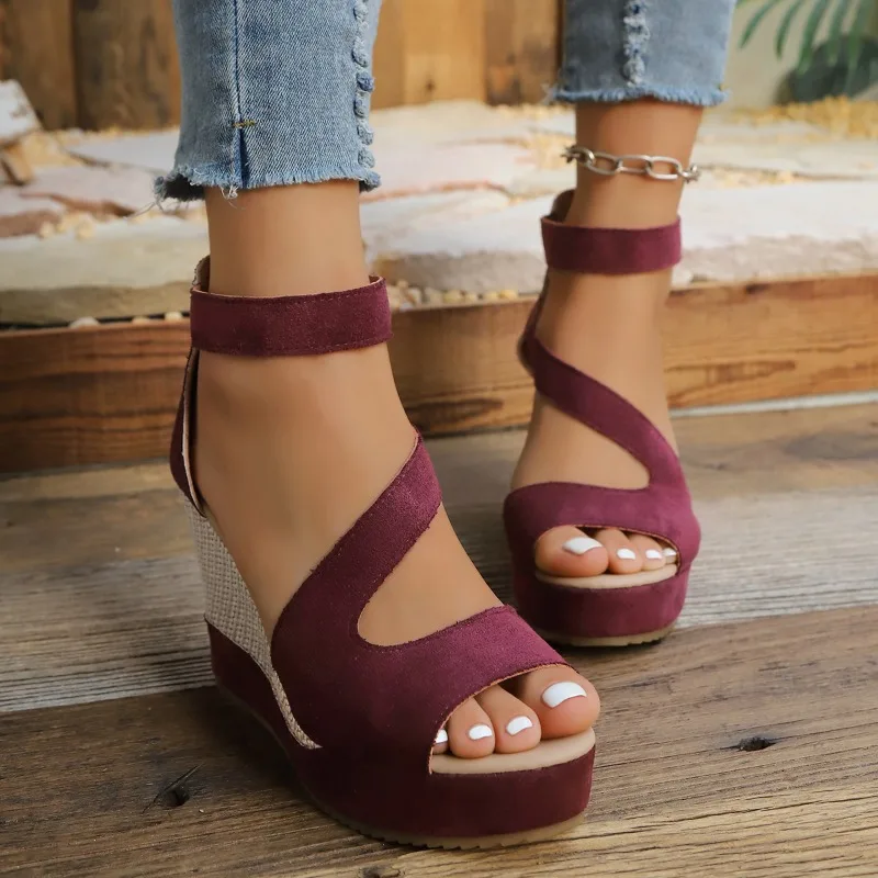 New Woman Wedge Sandals Fashion Retro Style Solid Fish Mouth Hollow Thick Soled Female Shoes Comfort Casual High Heel Sandals