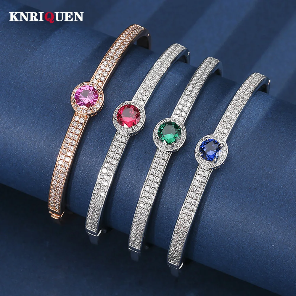 

New Luxury Wedding Bangles for Women Vintage Sapphire Emerald Ruby Pink Quartz Bracelets Party Fine Jewelry Birthday Female Gift