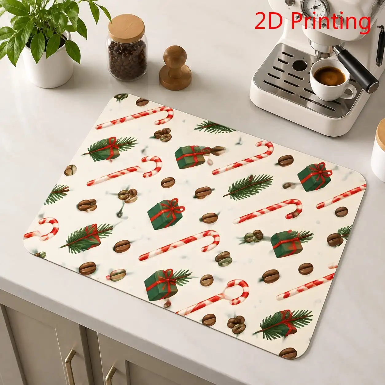 Dish Drying Mat 2D Printing Christmas Gift Box Cushion Super Absorbent Candy Cane Pattern Kitchen Countertop Placement
