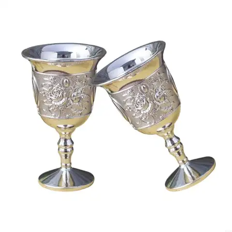 Pack of 2 Zinc Alloy Wine Cups with Comfortable grip Handle and Elegant Rose Relief Embossing Home Dinnerware 55KF