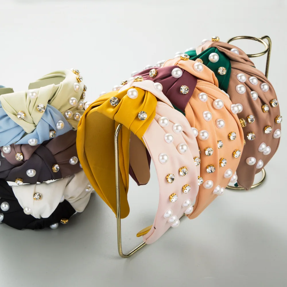

Stylish and simple contrasting color texture satin headband women's pearl rhinestone wide edge headband wholesale supply