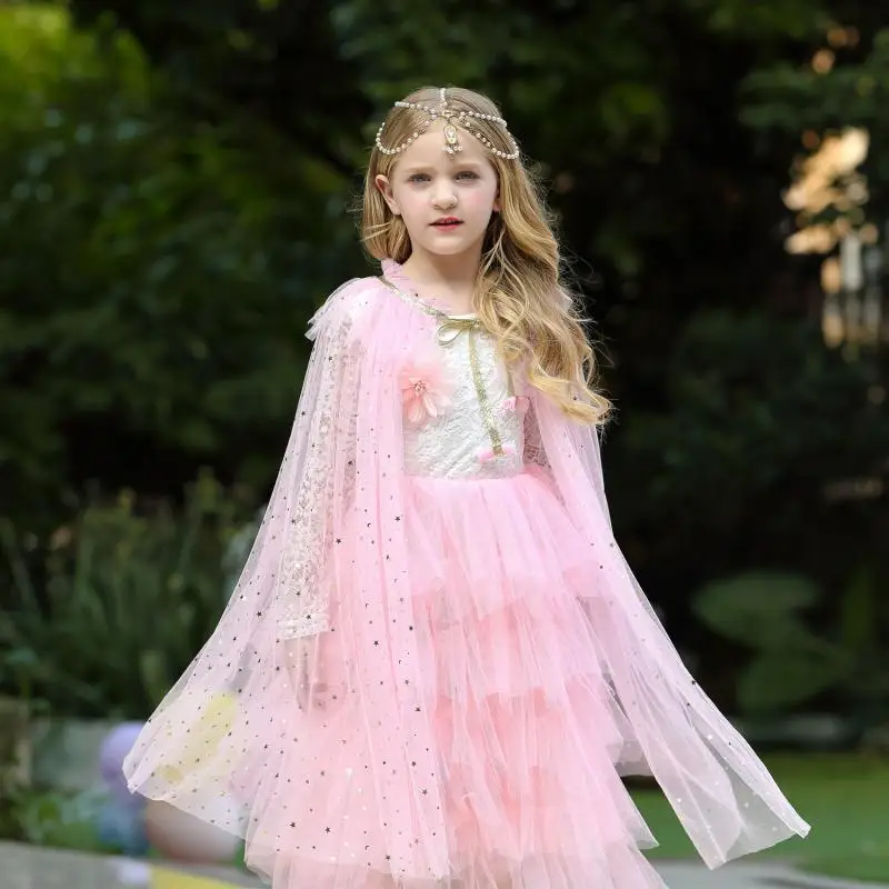 Girl\'s New Sequin Star Rainbow Color Blocked Halloween Christmas Fashion Princess Shawl with Long Mesh Cape On Top