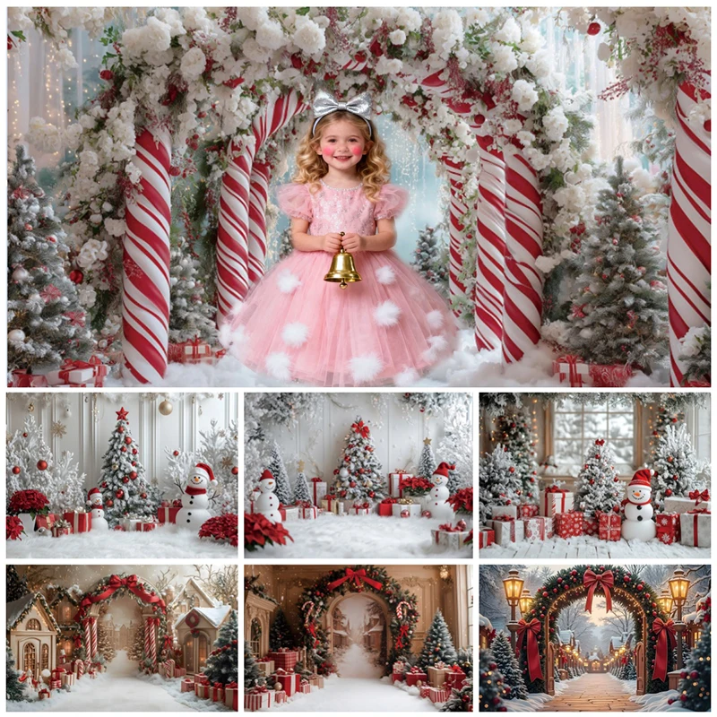 Christmas Decorations Photography Backdrops Candy Cane Arch Xmas Tree Snow Gift Kids Family Holiday Portrait Photo Backgrounds