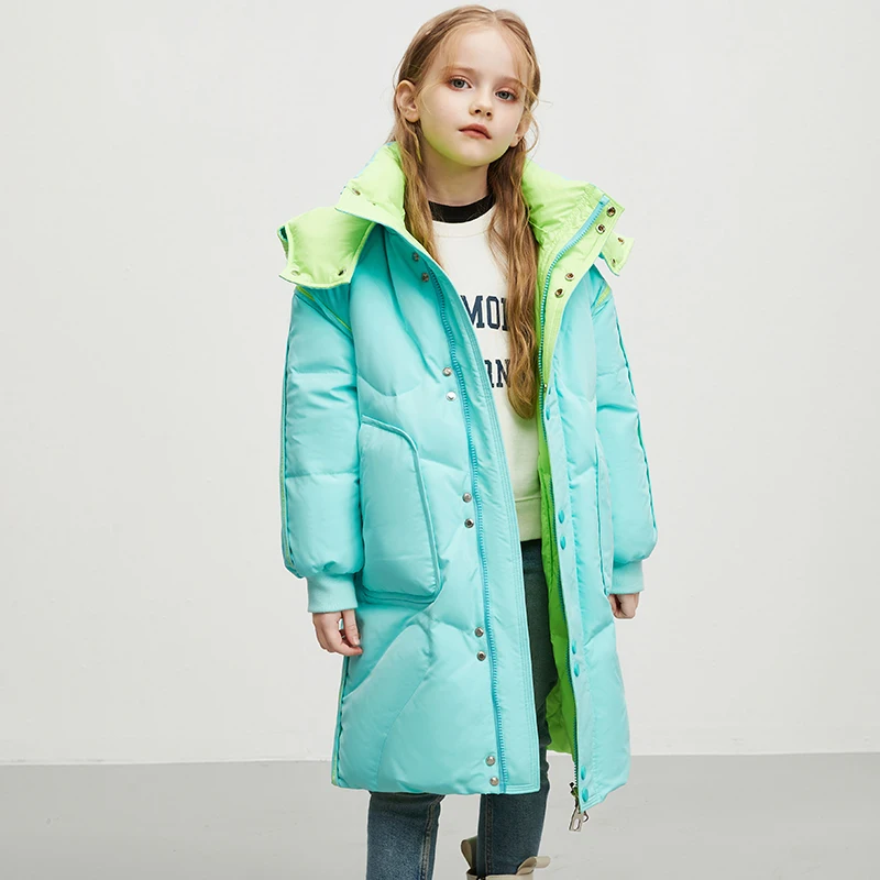 Kids Girls Winter Long Down Coat Contrast Color Double Wear Hooded White Duck Down Jacket 4-12Y Children Warm Outwears