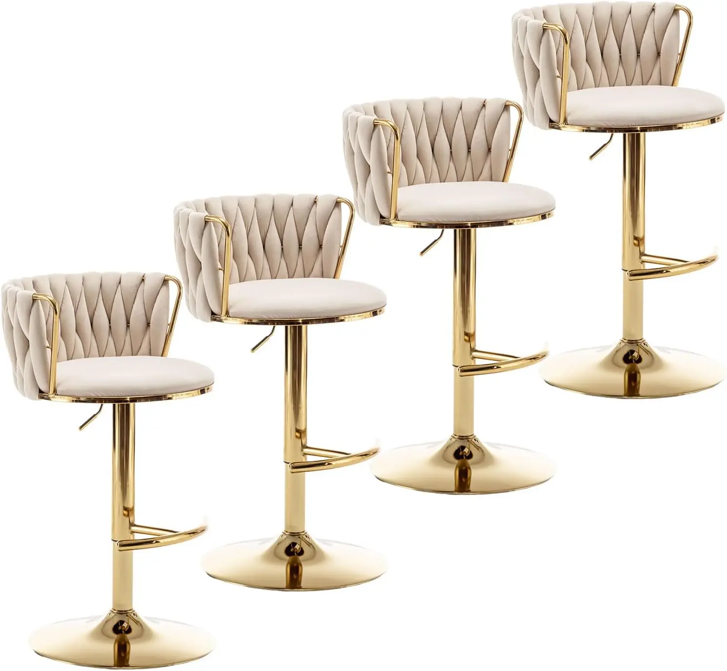 Gold Velvet Bar Stools Set of 4, Swivel Counter Height Bar Stools with Back, Adjustable Woven Barstools for Kitchen Island, Pub,