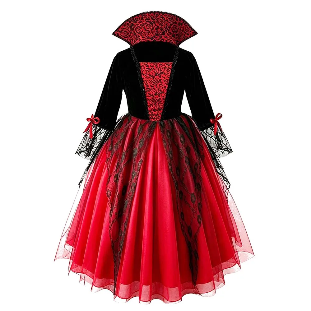 Girls Vampire Queen Costume Set Black Red Lace Stand Collar Dress With Rose Veil Fan Jewelry For Halloween Carnival Cosplay