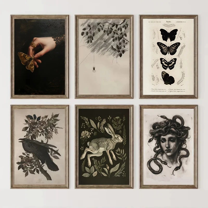 Vintage Dark Victorian Gothic Woodland Moth Medusa Raven Poster Printed Canvas Painting Wall Art Pictures Home Decor Gift