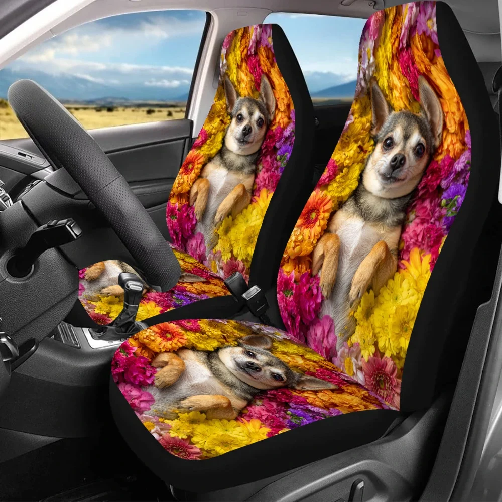 2pcs Flower Garden Dog Print Car Seat Covers | Universal Fit For Car, SUV, Sedan | Enhance Driving Pleasure, Polyester Material,