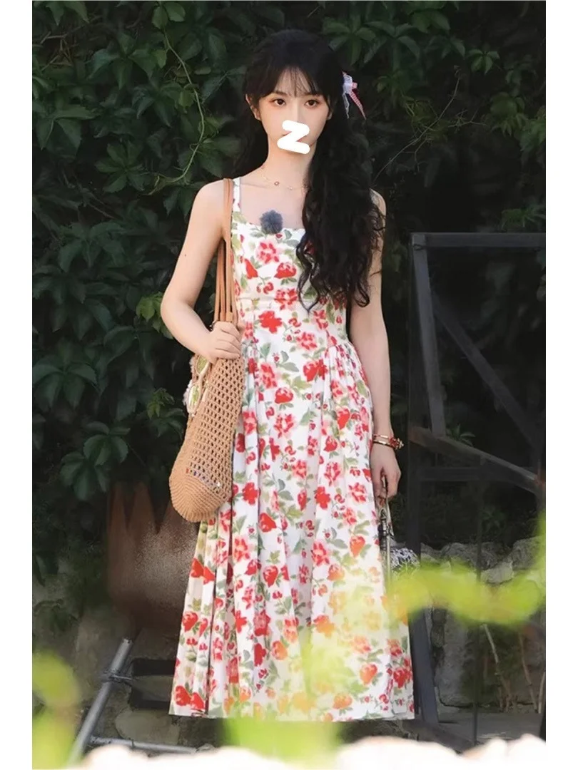 Tianxiewei Summer New Style Slim Fit Rose Floral Print Halter Dress Women's Holiday Vibes Long Dress Casual Wear A-line Skirt