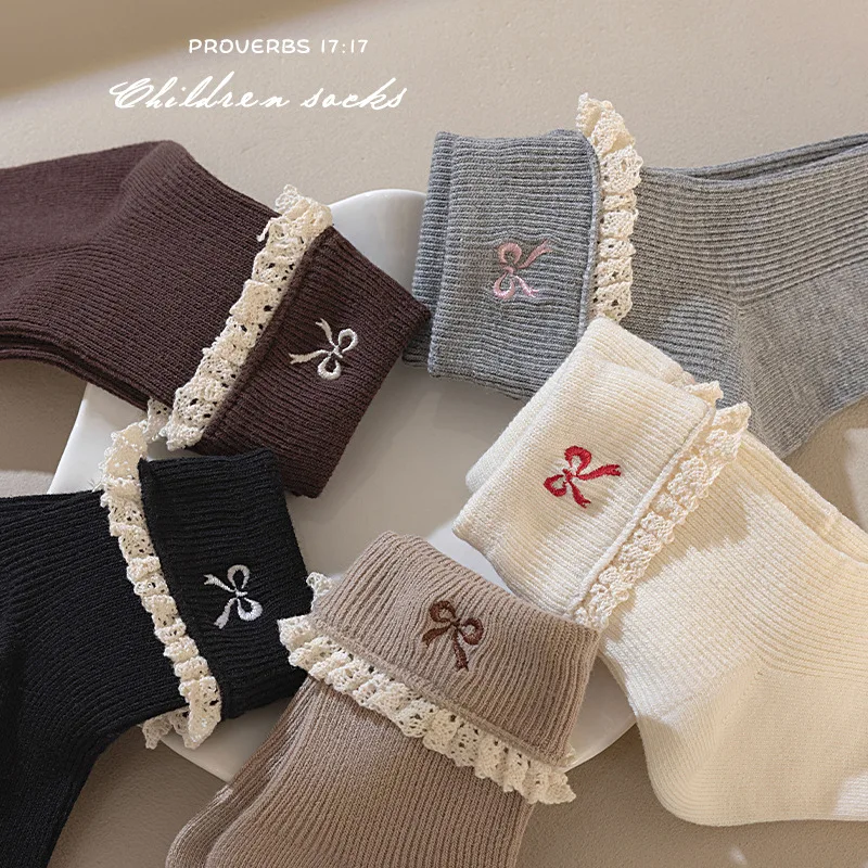 Korean Fashion Cute Girl's Fall New Lace Bow Mid-Crew Socks for Kids Double-layer Sock Princess Cotton Cal Ankle Socks for Girls