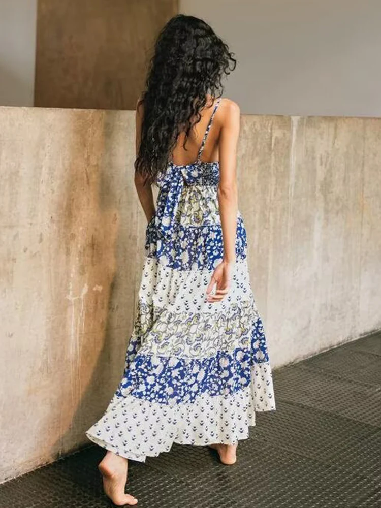 Boho floral impresso maxi vestido de verão feminino em camadas com tiras azul sem mangas arco vocação profundo v praia sexy senhoras vestidos novo