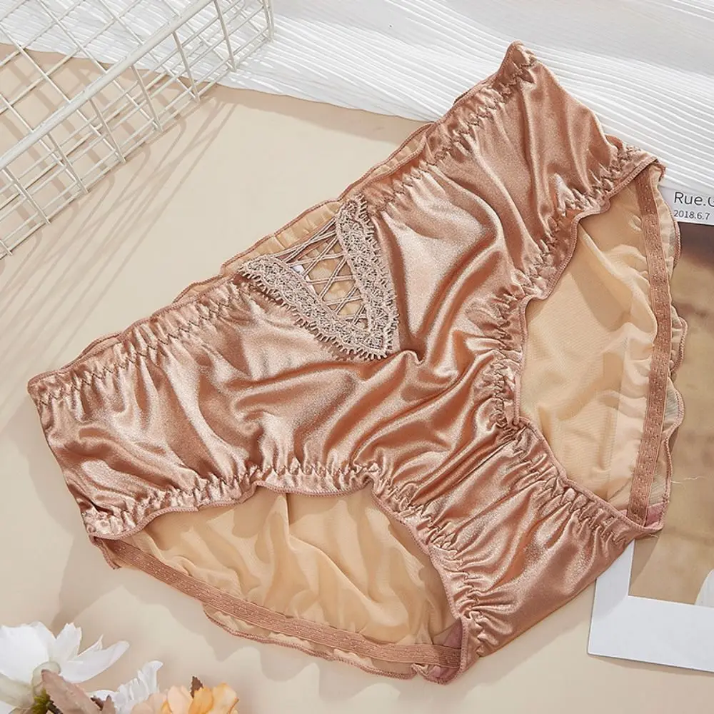 

Ice Silk Satin Silk Panties Underpants Transparent Ruffle Hollow Briefs Lingerie French Style Women's Underwear Ladies