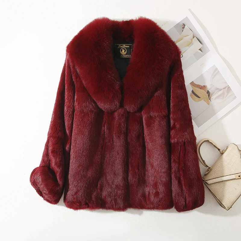 Genuine Whole 100% Real Natural Rabbit Fur Coat With Luxury Natural Fox Fur Collar Jacket Full Pelt Rabbit Fur Overcoat