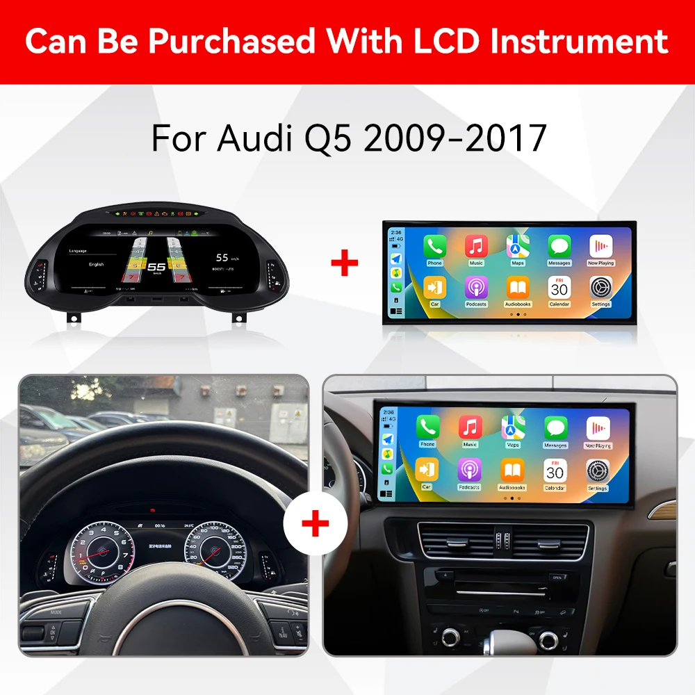 2-piece Set Screen Car Radio For Audi Q5 2009-2018 Car Dashboard Video Player Stereo Auto GPS Navigation Carplay Digital Cluster