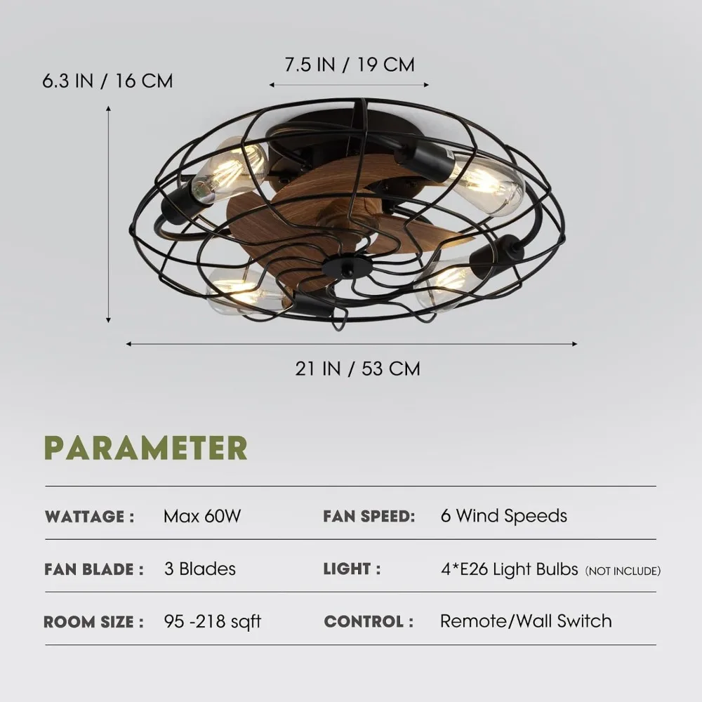 Caged Ceiling Fan with Light, 21" Small Low Profile Ceiling Fan with Light and Remote, 3 Enclosed Blades, 6 Wind Speeds,