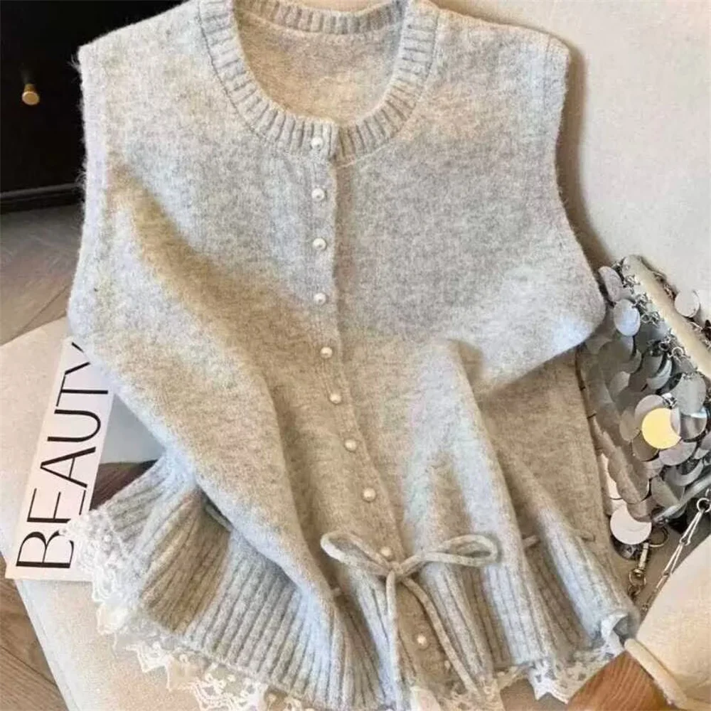 2026 Spring Autumn Korean Sleeveless Sweater Vest Round Neck Cardigan Simple Knit Waistcoat Comfortable Women's Clothing Top