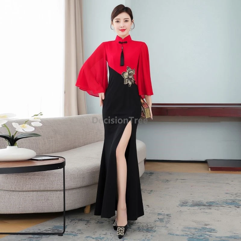 

2025 fashionable slim fitting temperament party qipao classical literature art show qipao improved elegant chinese evening dress