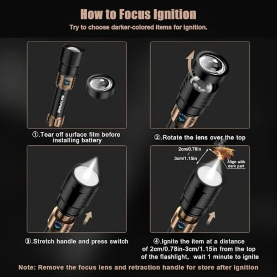 LED Flashlights High Lumens with Ignition Lens, 3000lm Super Bright Rechargeable Flashlight, Zoomable, 4 Modes, Waterproof Tact